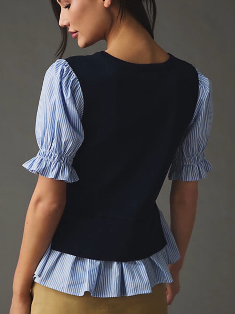 English Factory Buttoned Navy Knit Vest with Blue Striped Blouse Layer size s